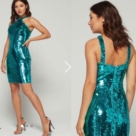Aidan Mattox Teal Halter Sequin Dress - Picture 2 of 5
